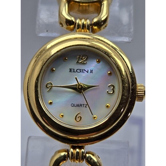Elgin II Womens Gold Tone Jade Color Bracelet Watch MOP Dial Quartz New Battery - Picture 4 of 10